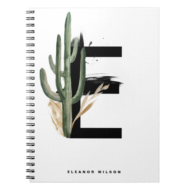Boho Letter E Monogram | Tropical Cactus Monogram Notebook (Front)