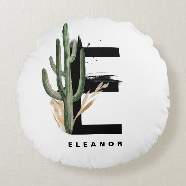 Boho Letter E Monogram | Tropical Cactus Monogram Round Cushion (Front)
