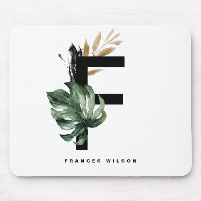 Boho Letter F Monogram | Tropical Leaves Monogram Mouse Mat (Front)