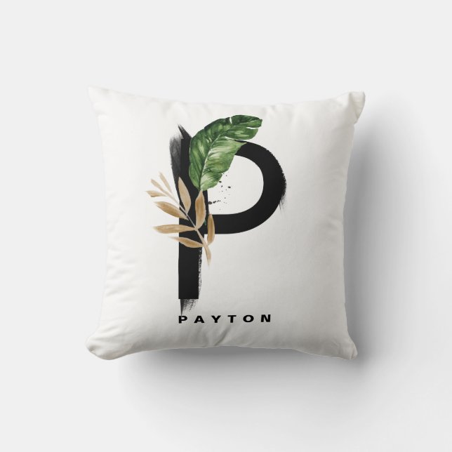 Boho Letter P Monogram Palm Leaves Tropical Cushion (Front)