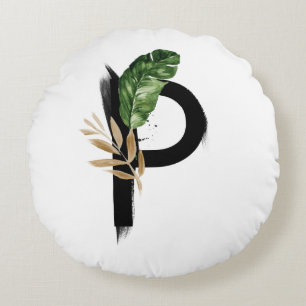Boho Letter P Monogram Palm Leaves Tropical Round Cushion