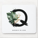 Boho Letter Q Monogram Tropical Monstera Leaf Mouse Mat<br><div class="desc">Customizable letter Q monogram mousepad featuring watercolor tropical monstera leaf,  faux gold foil leaf and black watercolor brush accents. Personalize this tropical monogram mousepad by your name or other details. This boho letter Q monogram mousepad will be perfect as a gift. Other letters are available.</div>