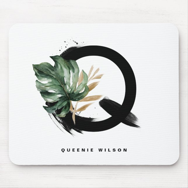 Boho Letter Q Monogram Tropical Monstera Leaf Mouse Mat (Front)