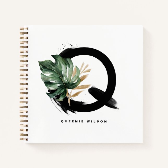 Boho Letter Q Monogram Tropical Monstera Leaves Notebook (Front)