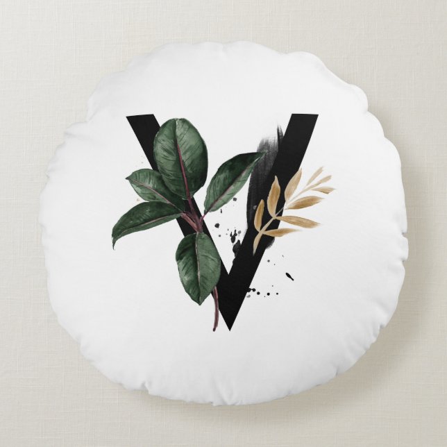 Boho Letter V Monogram Watercolor Tropical Leaves  Round Cushion (Front)