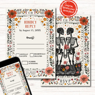 Boho Letterpress Style Skeleton Tarot Wedding RSVP Invitation