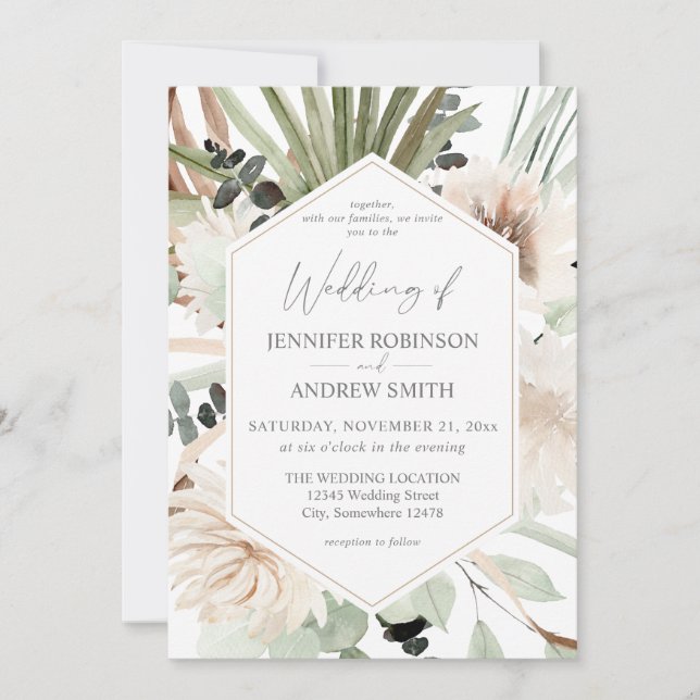 Boho LG Text Eucalyptus Palm Leaf Floral Wedding 2 Invitation (Front)
