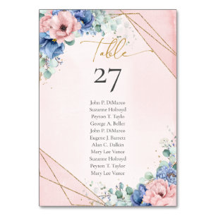 Boho light blue blush flowers eucalyptus gold  table number