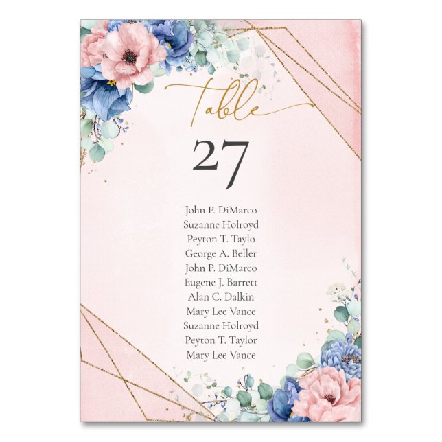 Boho light blue blush flowers eucalyptus gold  table number (Front)