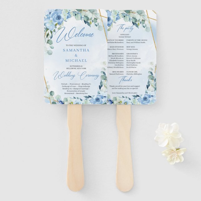 Boho light blue flowers eucalyptus and gold frame hand fan (Front and Back)