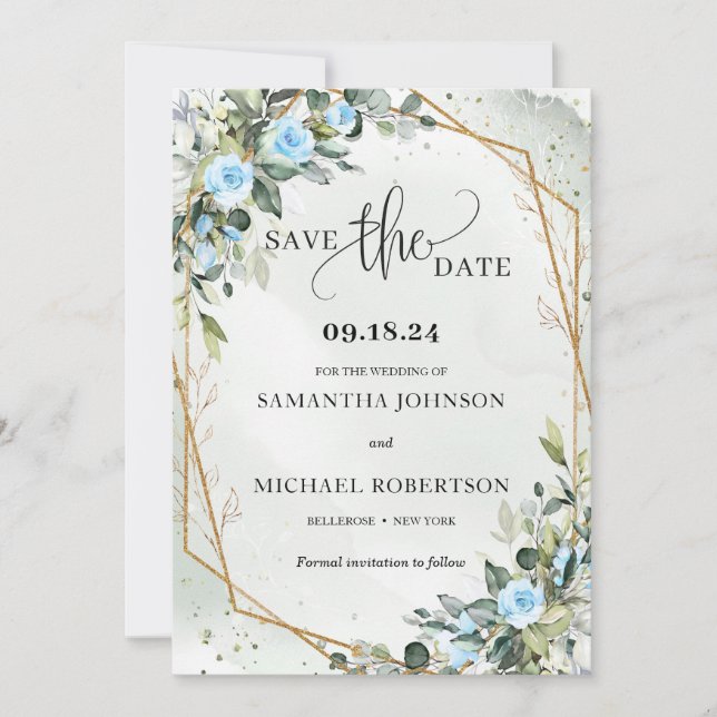 Boho light blue flowers Eucalyptus and gold frame  Save The Date (Front)