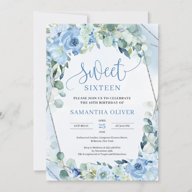 Boho light blue flowers eucalyptus sweet sixteen invitation (Front)