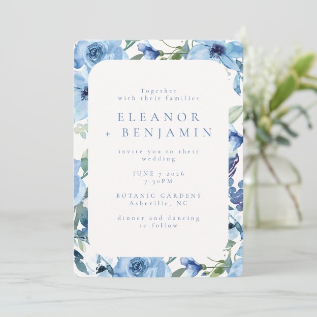 Boho Light Blue Watercolor Flowers Wedding  Invitation (Standing Front)