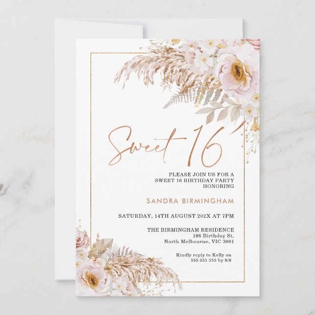 Boho Light Blush Floral Pampas Grass 16th Birthday Invitation (Front)