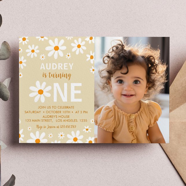 Boho Light Daisy First Birthday Photo Invitation (Creator Uploaded)