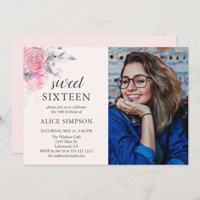 Boho Light Pink Flowers Sweet 16 Invitation (Front/Back)