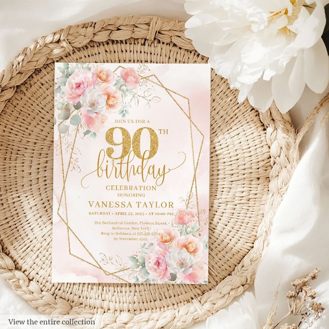 Boho Light Pink Gold Floral 90th Birthday Invites (Boho Light Pink Gold Floral 90th Birthday Invitation)