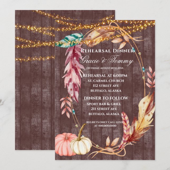 Boho Lights Pumpkin Rehearsal Dinner Invite (Front/Back)