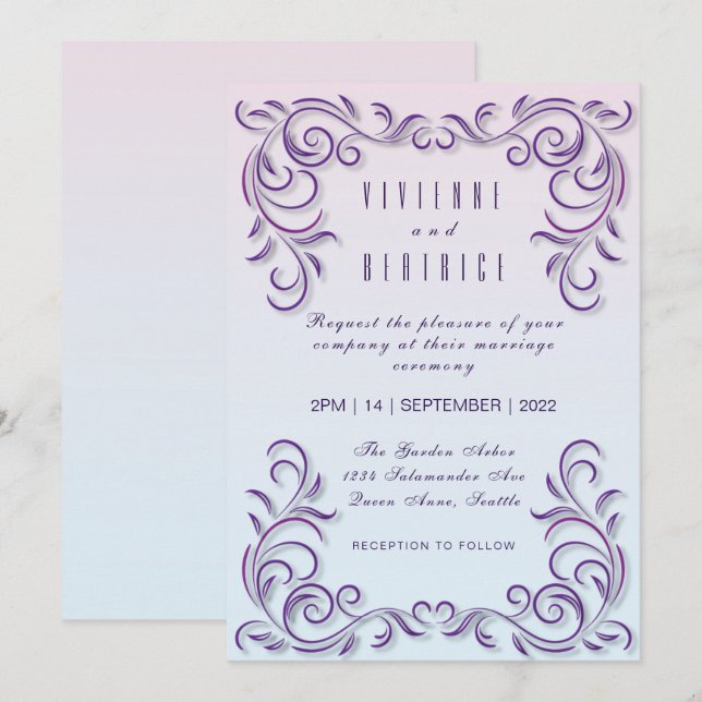 Boho lilac decorative lesbian wedding invitation (Front/Back)