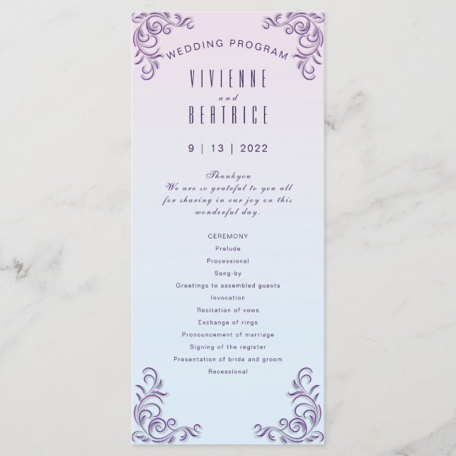 Boho lilac decorative lesbian wedding programme (Front)