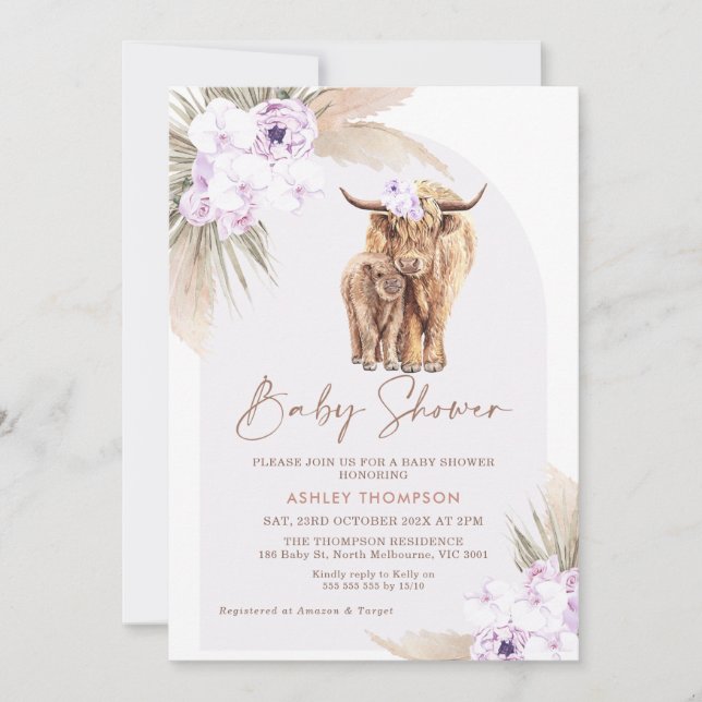 Boho Lilac Floral Arch Highland Cow Baby Shower Invitation (Front)