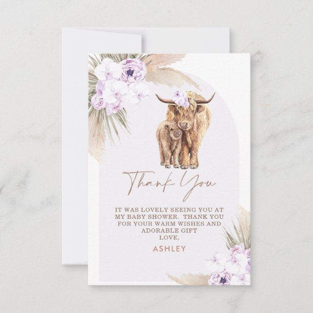 Boho Lilac Floral Arch Highland Cow Baby Shower Thank You Card (Front)