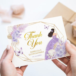 Boho Lilac Geometric Butterfly Quinceañera Floral Thank You Card