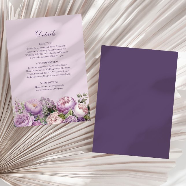 Boho Lilac Peonies Wedding Details Card (Boho Lilac Peonies Wedding Details Card on a boho dry palm leaf.)