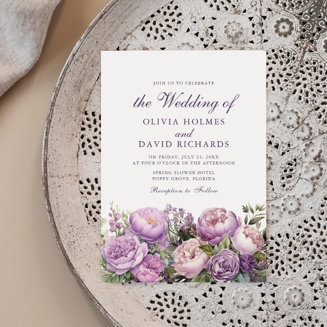 Boho Lilac Peonies Wedding Invitation (Boho Lilac Peonies Wedding Invitation on a beautiful neutral boho plate.)