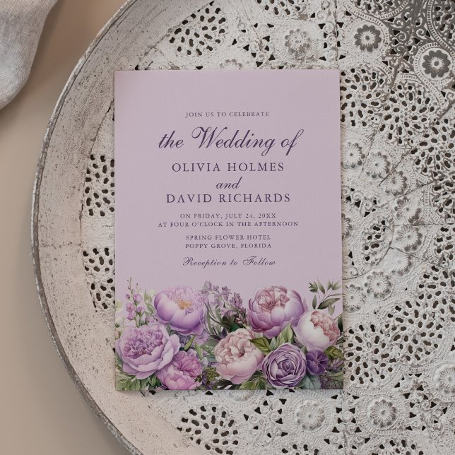 Boho Lilac Peonies Wedding Invitation (Boho Lilac Peonies Wedding Invitation on a beautiful neutral boho plate.)