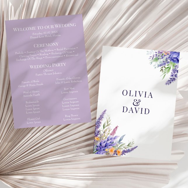 Boho Lilac Watercolor Wildflower Wedding Program Invitation (Boho Lilac Watercolor Wildflower Wedding Program on a sunny neutral dry palm leaf.)
