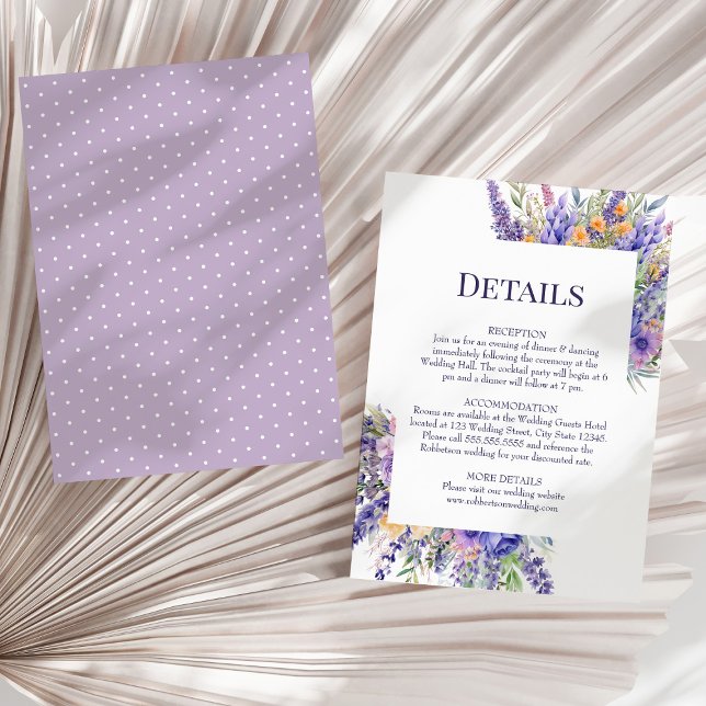 Boho Lilac Watercolor Wildflowers Wedding Details Invitation (Boho Lilac Watercolor Wildflowers Wedding Details Invitation on a sunny neutral dry palm leaf.)