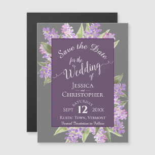 Boho Lilacs Calligraphy Grey Wedding Save the Date Magnetic Invitation