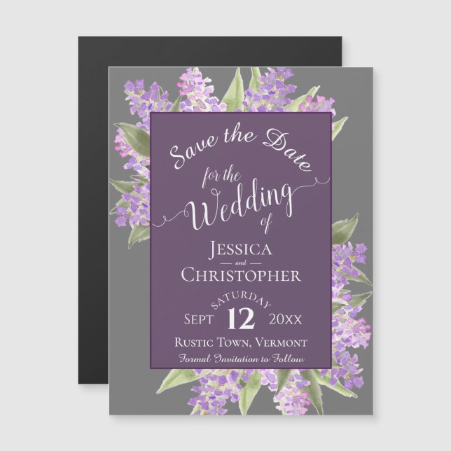 Boho Lilacs Calligraphy Grey Wedding Save the Date Magnetic Invitation (Front/Back)