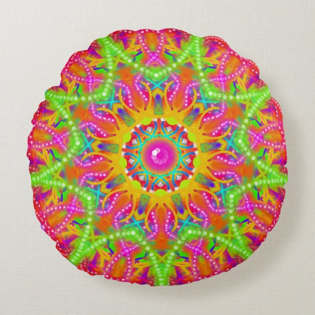 Boho Lime Green Star Mandala Round Cushion (Front)