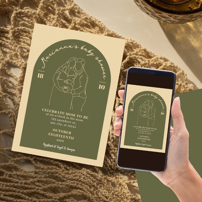 Boho Line Green Art Baby Shower Minimalist Invitation (Creator Uploaded)