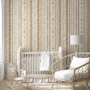 Boho Line Pattern and Neutral Brown Ornaments Wallpaper