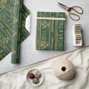 Boho Linear Mudcloth Forest Moss Wrapping Paper