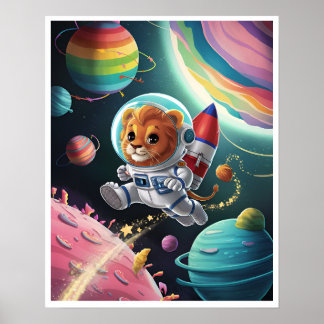 Boho Lion Illustration in Space Poster