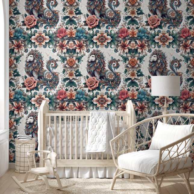 Boho Lion with Lilies & Roses Wallpaper (Kids)