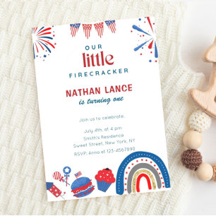 Boho Little Firecracker 4th of July Birthday Invitation