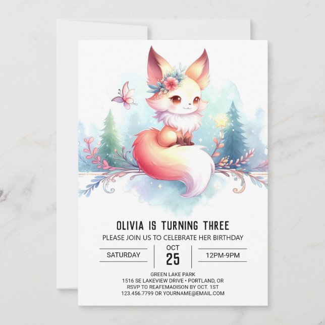 Boho Little Fox Birthday digital Invitation (Front)