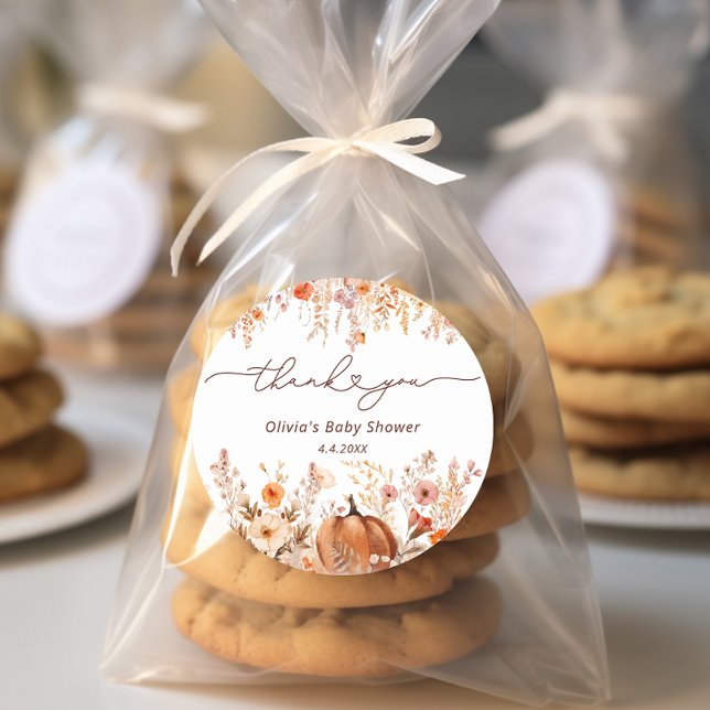 Boho Little Pumpkin Fall Wildflowers Thank You Classic Round Sticker (Creator Uploaded)