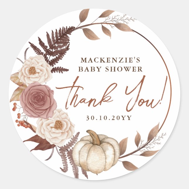Boho Little Pumpkin Girl Baby Shower Thank You  Classic Round Sticker (Front)