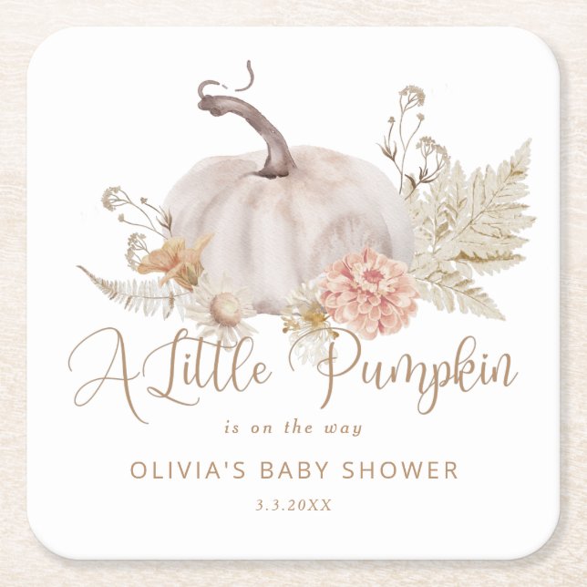 Boho Little pumpkin is on the way baby shower Square Paper Coaster (Front)