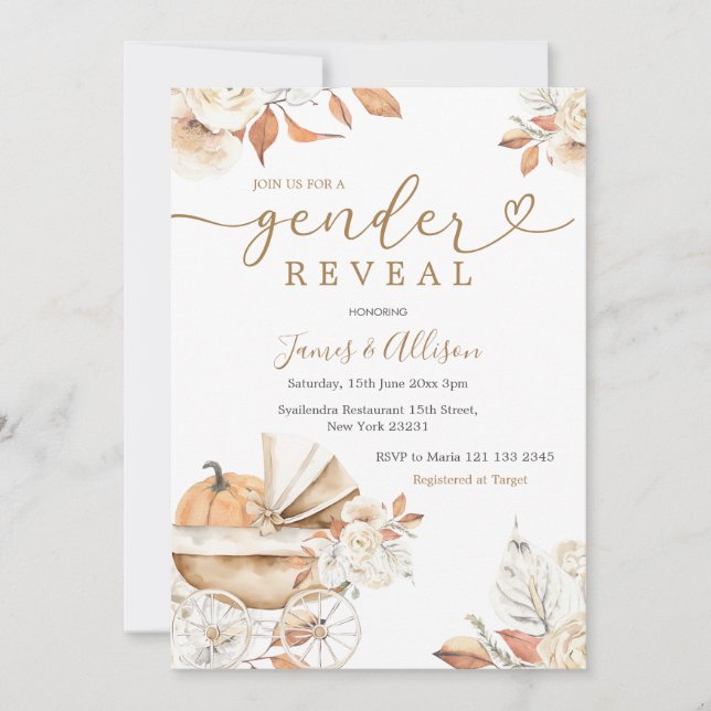 Boho Little Pumpkin Stroller Floral Gender Reveal Invitation (Front)