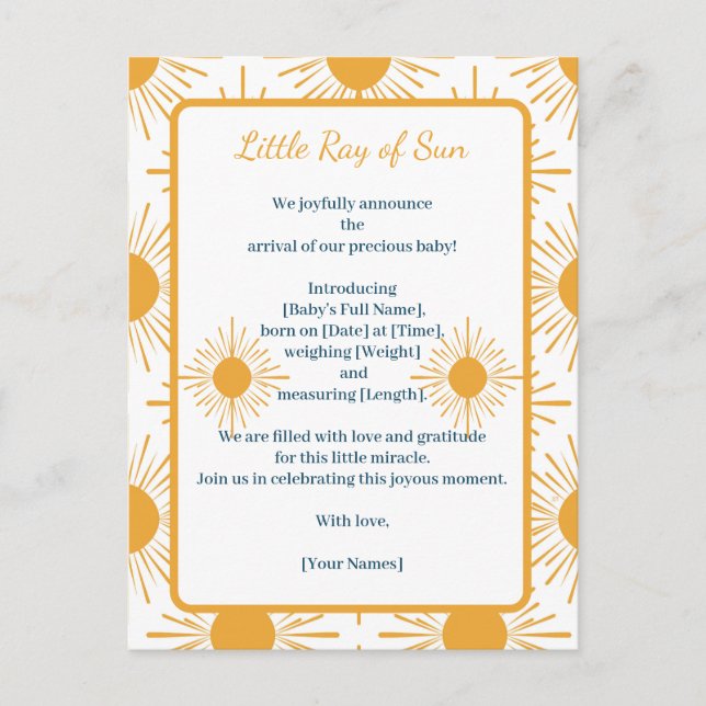 Boho Little Ray of Sun Birth Announcement Postcard (Front)