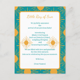 Boho Little Ray Sun Turquoise Birth Announcement Postcard