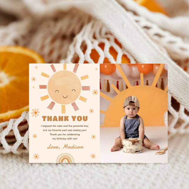 Boho Little Sunshine Birthday Photo Thank You Card (Creator Uploaded)