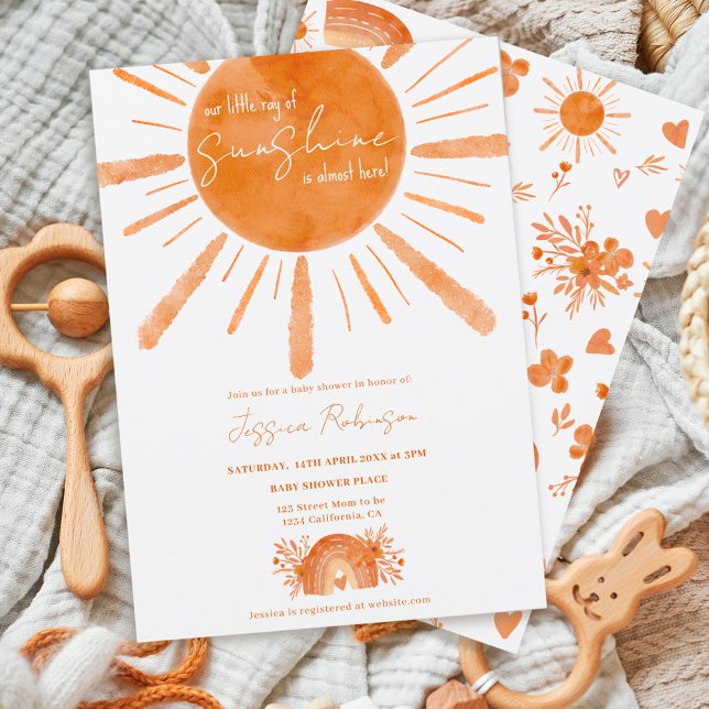 Boho little sunshine rainbow orange baby shower invitation (Creator Uploaded)